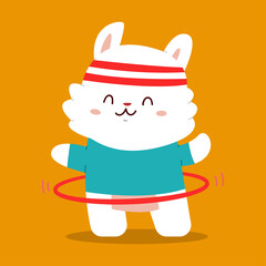Cute rabbit with hula hoop vector cartoon character isolated on background.