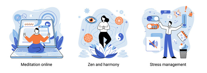 Self-management, meditation online, zen and harmony, stress management, self regulation learning, self-organization course, control over emotions concept Online yoga at home, calmness and self-control