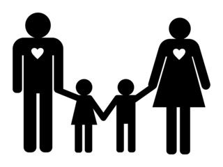 Illustration of family icon with hearts. Happy parents with a child. Silhouette of stick figure. Lovely family. Sticker for car.