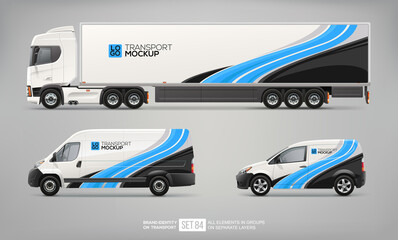 Vector Van, Truck Trailer mockup with blue stripes design for branding and corporate identity. Abstract graphics on transport of blue and black stripes for business background. 