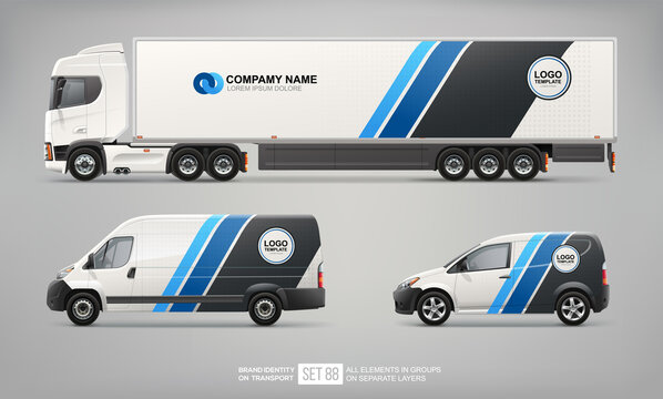 Realistic vector Van, truck trailer mockup with blue stripes design for branding and corporate identity. Abstract graphics of blue and black stripes for business background