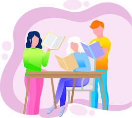 Reading people flat character set with books magazines literature isolated vector illustration. Young male and female readers dressed in trendy clothes relaxing at home with books or textbooks