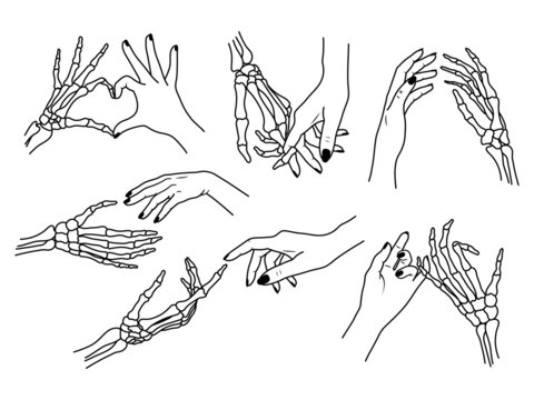Set of hand gestures. Collection of skeleton hand with different gestures of pinky promise, heart, touching fingers. T-shirt print. Vector illustration for Halloween on white background.