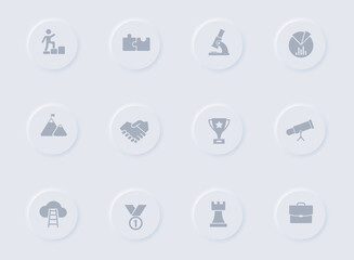 startup gray vector icons on round rubber buttons. startup icon set for web, mobile apps, ui design and promo business polygraphy