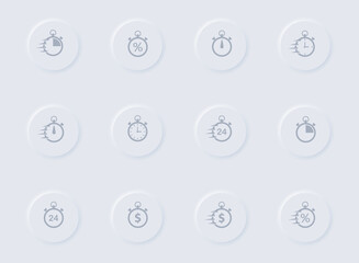 stopwatch gray vector icons on round rubber buttons. stopwatch icon set for web, mobile apps, ui design and promo business polygraphy