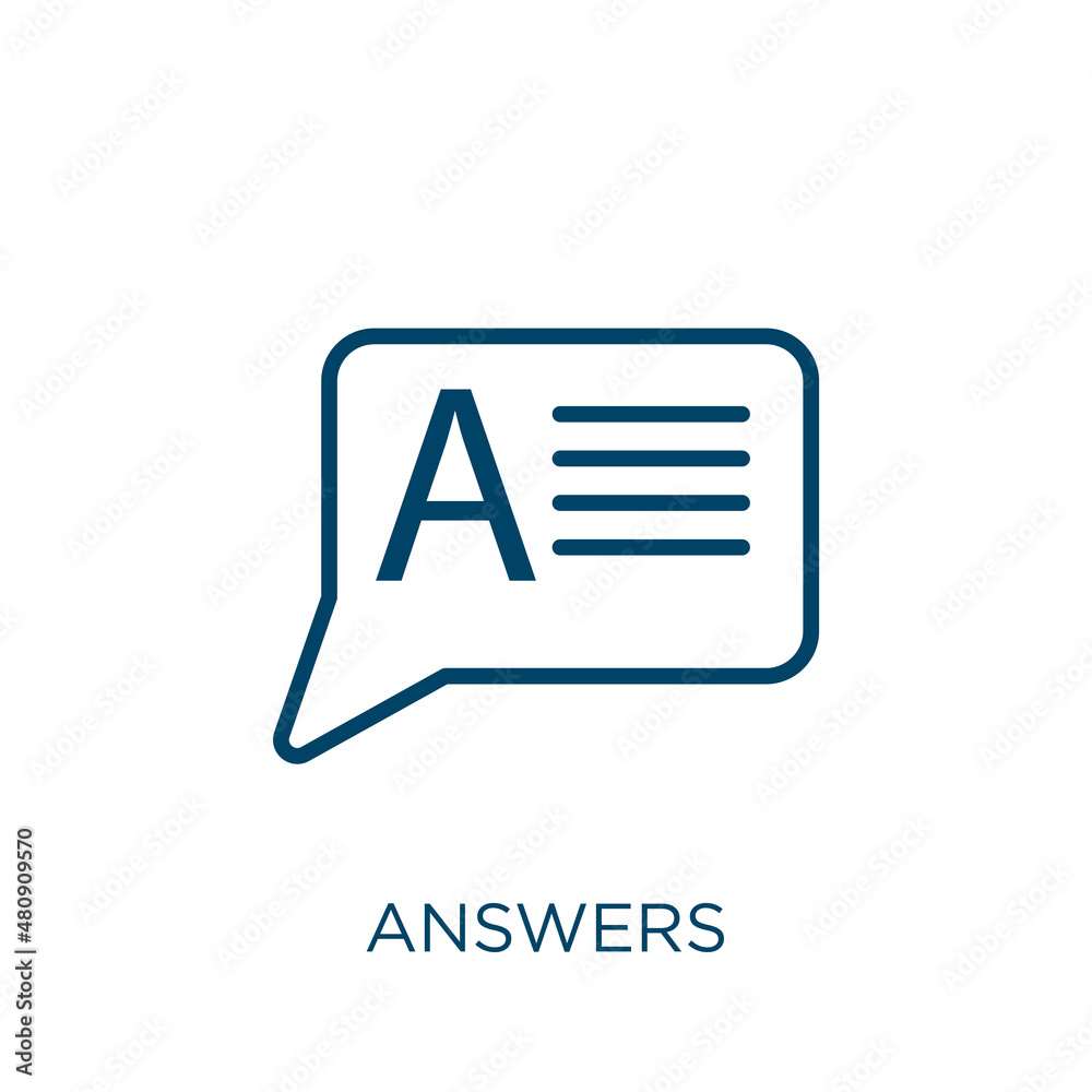 Poster answers icon. thin linear answers, answer, idea outline icon isolated on white background. line vect