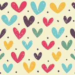 Retro style. Seamless pattern with hand drawn heart. Hearts painted dry brush. Ink illustration. 