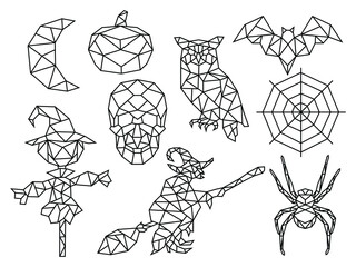 Fototapeta premium Set of Halloween polygon. Collection of mythical monsters and witches, pumpkin. Creepy figure of magical creatures. Vector illustration on white background. Tattoo.