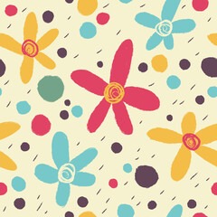 Seamless pattern with simple flowers. Painted with a dry brush.