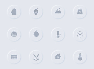 winter gray vector icons on round rubber buttons. winter icon set for web, mobile apps, ui design and promo business polygraphy