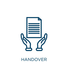 handover icon. Thin linear handover, agent, auto outline icon isolated on white background. Line vector handover sign, symbol for web and mobile - obrazy, fototapety, plakaty