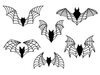 Set of flock of bats. Collection of bats with spider wings.  Happy Halloween. Drawing of night creatures. Vector illustration of flying demons on white background. Tattoo.