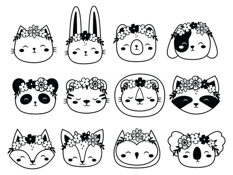 Set of animals in flower wreaths. Collection of cute animal portraits with natural accessories. Vector illustration of animals in hats. Tattoo.
