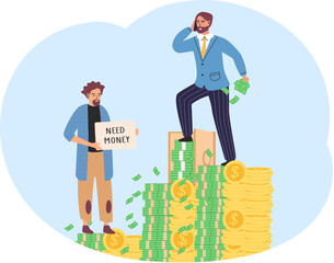 Rich and poor people. Guy that needs money and successful businessman standing on stack of dollar bills. Unemployed guy, begging tramp and millionaire. Richness and poverty concept. Social distance