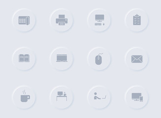 workspace gray vector icons on round rubber buttons. workspace icon set for web, mobile apps, ui design and promo business polygraphy