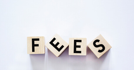 Wooden blocks with the word Fees on a white background. Fixed price for a specific service. Cost, fees and taxes.