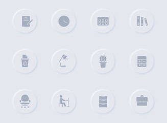 workspace gray vector icons on round rubber buttons. workspace icon set for web, mobile apps, ui design and promo business polygraphy