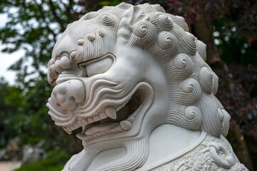 Close-up of traditional Chinese decorative stone lion sculpture
