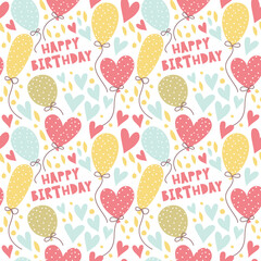 Seamless pattern with balloons, hearts, gifts and confetti.