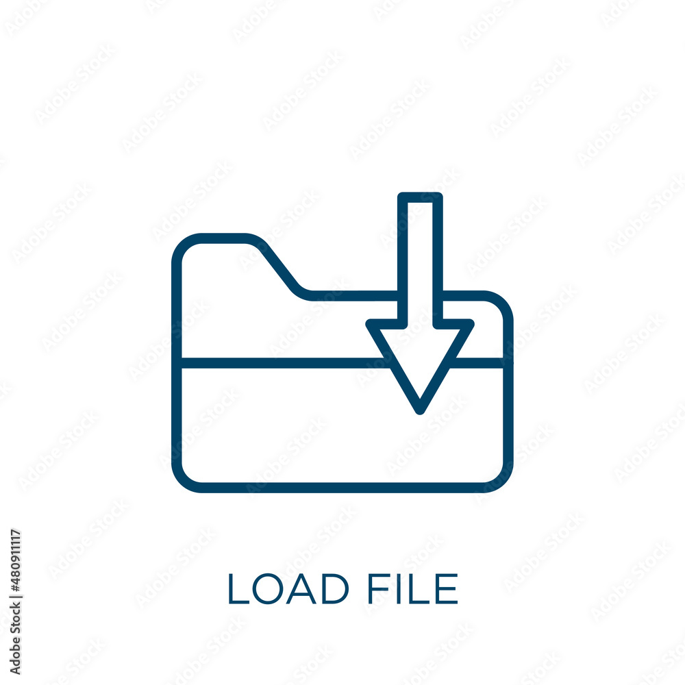 Poster load file icon. thin linear load file, data, arrow outline icon isolated on white background. line v