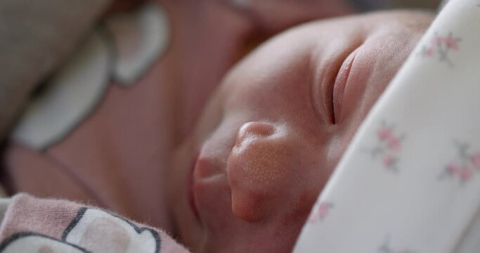 Newborn baby girl - close up on nose with white Milia bumps