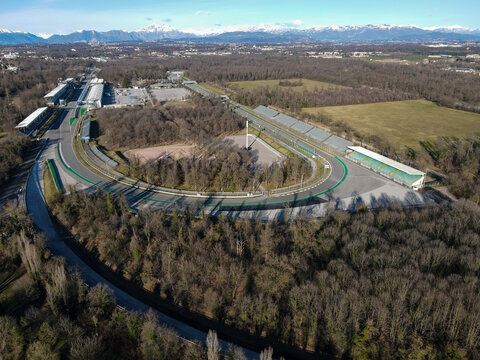 Aerial view of Autodromo Nazionale Monza, a race track near the city of Monza in Italy, north of Milan. Venue of the Formula 1 Grand Prix. From the air, drone photography.