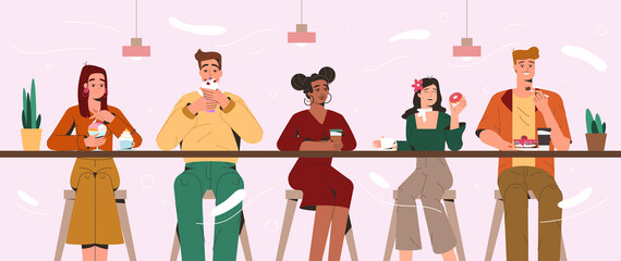 Flat happy people eating cakes, donuts and ice cream at cafe. Men and women tasting delicious desserts and drinking coffee. Sweet tooths enjoying sugar food and tasty unhealthy meal at cafeteria. - Powered by Adobe