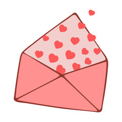 Hand drawn a cute pink envelope with hearts. Vector doodle sketch illustration isolated on white background.