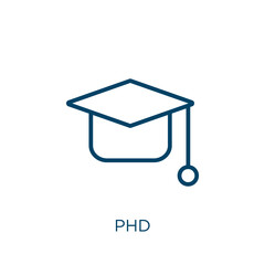 phd icon. Thin linear phd, college, graduation outline icon isolated on white background. Line vector phd sign, symbol for web and mobile - obrazy, fototapety, plakaty