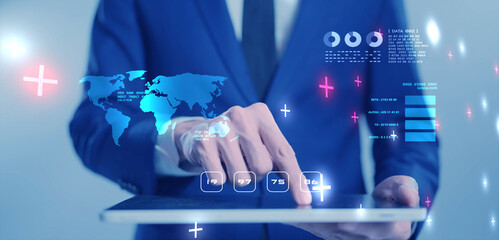 Finance business graph chart data report, crypto, NFT, GameFi, blockchain trading, businessman in suit with tablet computer present global business information virtual meeting hologram technology