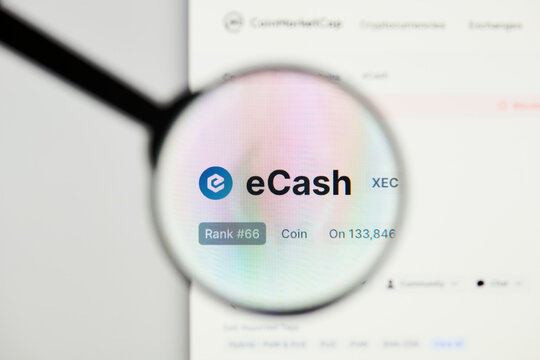 Milan, Italy - January 11, 2022: ecash - XEC website's hp.  ecash, XEC coin logo visible through a loope. Defi, ntf, cryptocurrency concepts illustrative editorial.