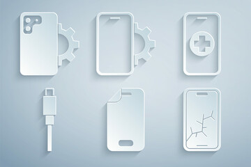 Set Glass screen protector, Phone repair service, USB cable cord, Mobile with broken, and icon. Vector