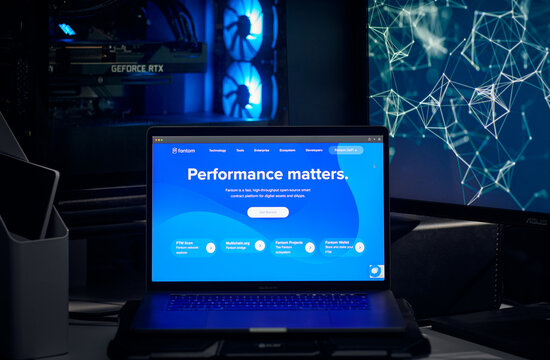 Milan, Italy - January 11, 2022: fantom - FTM website's hp seen on a laptop screen. fantom, FTM coin logo visible. Cryptocurrency, defi, nft concepts illustrative editorial.