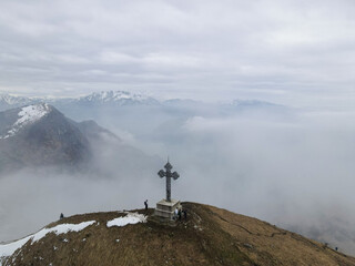 Aerial view of Mount Cornizzolo in Lombardy, near Monza and Milan, north Italy. Drone photography...