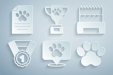 Set Location veterinary hospital, Dog shit bag, award symbol, Paw print, Pet and Clinical record pet icon. Vector