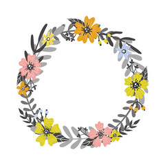 Round floral wreath. Hand drawn vector illustration. Card or invitation concept