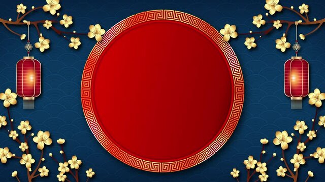 Chinese new year background with empty circle frame, Cherry blossom flowers and hanging lanterns on oriental wave pattern 
