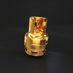 Gas cylinder 5L gold floating on a black background, 3d render