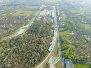 Aerial view of Autodromo Nazionale Monza, a race track near the city of Monza in Italy, north of Milan. Venue of the Formula 1 Grand Prix. From the air, drone photography.