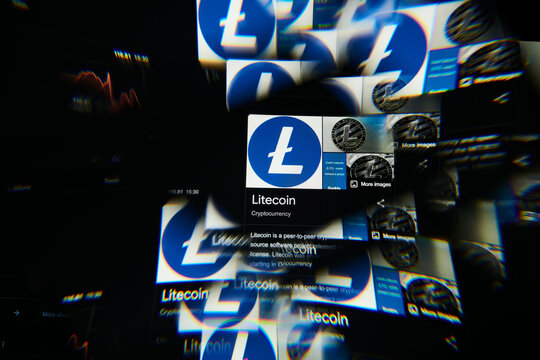 Milan, Italy - January 11, 2022: litecoin - LTC logo on laptop screen seen through an optical prism. Dynamic and unique image form litecoin, LTC coin website. Illustrative editorial.