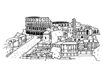 Vector sketch of The Coliseum or Flavian Amphitheatre, Rome, Italy. - 480914137