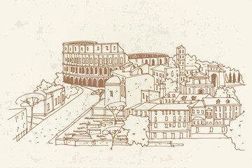 Vector sketch of The Coliseum or Flavian Amphitheatre, Rome, Italy.