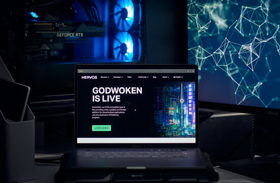 Milan, Italy - January 11, 2022: nervos network - CKB website's hp seen on a laptop screen. nervos network, CKB coin logo visible. Cryptocurrency, defi, nft concepts illustrative editorial.