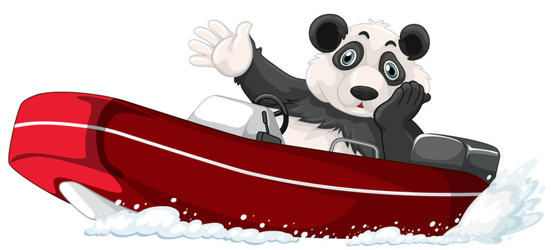 Panda on a motor boat in cartoon style