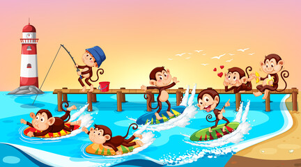 Beach scene with monkeys doing different activities