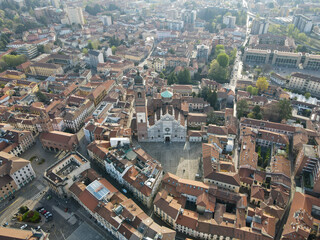 Aerial view of facade of the ancient Duomo in Monza (Monza Cathedral). Drone photography of the main square with church in Monza in north Italy, Brianza, Lombardia.
