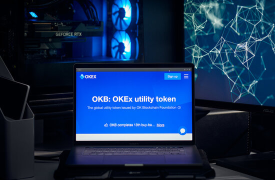 Milan, Italy - January 11, 2022: okb - OKB website's hp seen on a laptop screen. okb, OKB coin logo visible. Cryptocurrency, defi, nft concepts illustrative editorial.