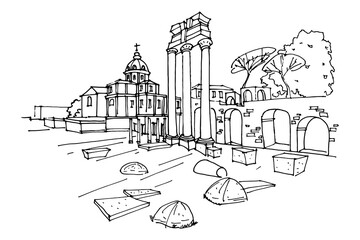 vector sketch of Ancient ruins of a Roman Forum or Foro Romano, Rome, Italy.