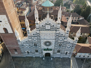 Aerial view of facade of the ancient Duomo in Monza (Monza Cathedral). Drone photography of the main square with church in Monza in north Italy, Brianza, Lombardia.