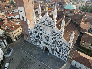 Aerial view of facade of the ancient Duomo in Monza (Monza Cathedral). Drone photography of the...